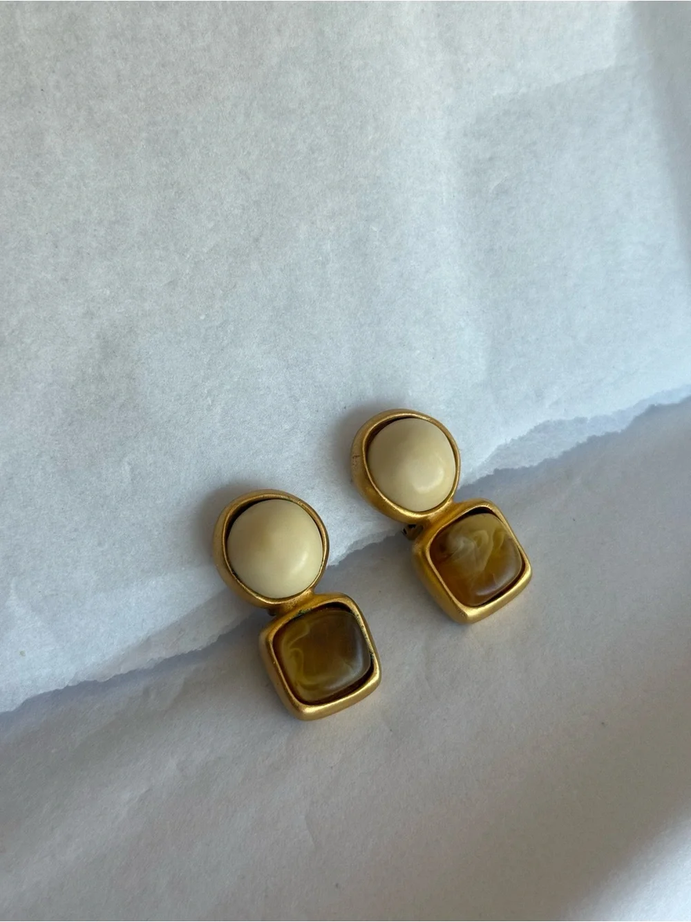 NORMA JEAN DESIGN | Vintage Amber Brushed Gold and Cream Clip On Earrings