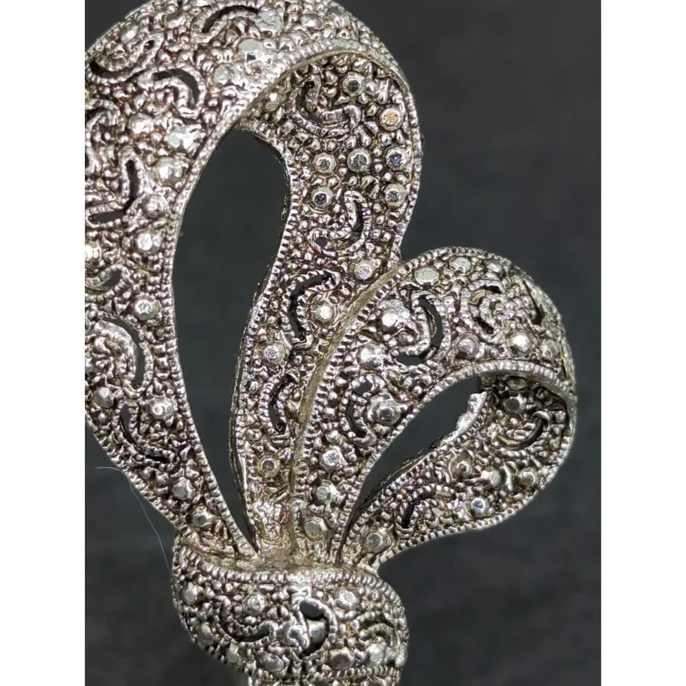 Vintage Marcasite Silver Tone Ribbon Bow Brooch Pin Retro Art Deco Glam