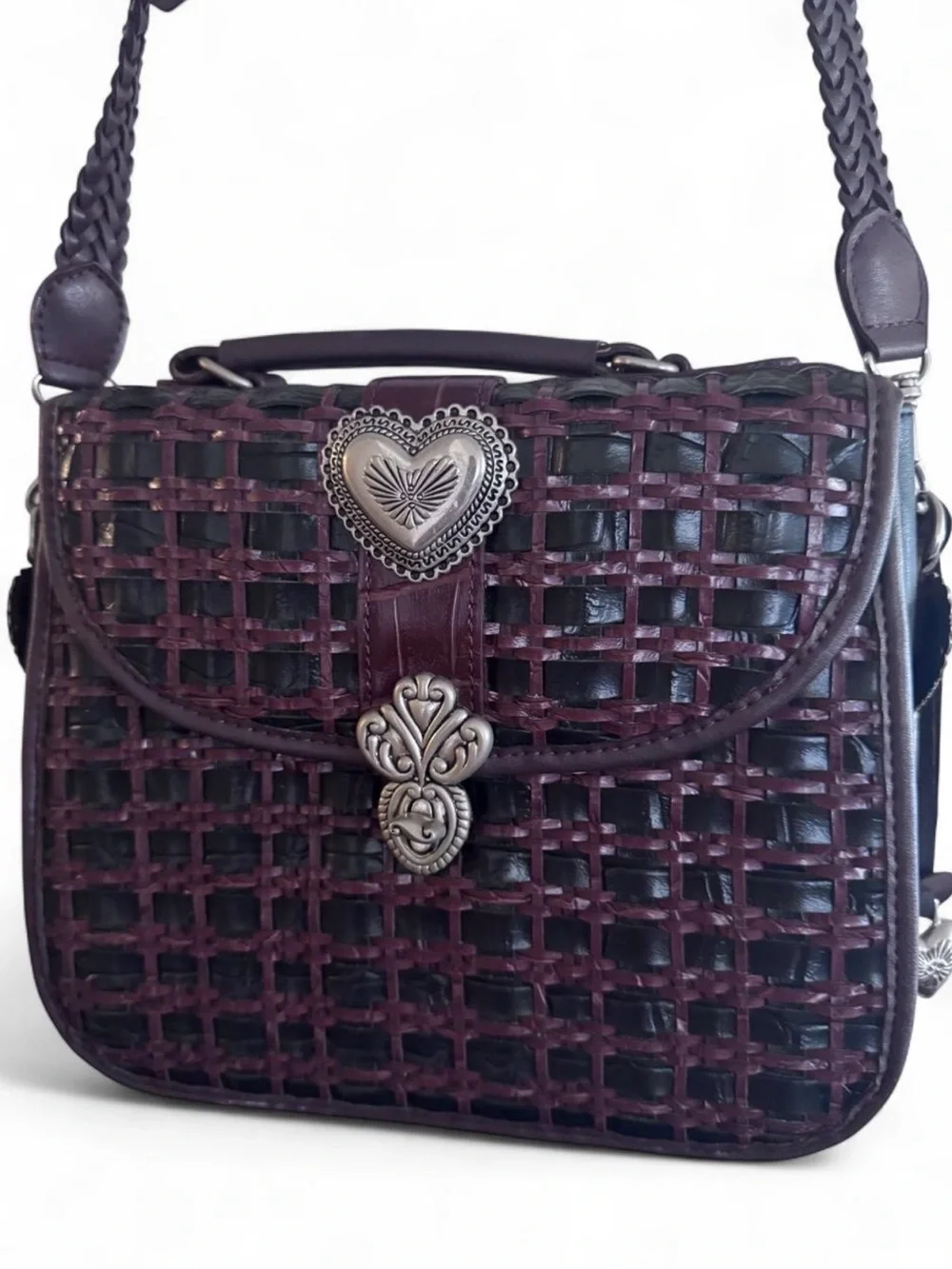 Woven Heart Accent Crossbody Bag in Deep Black