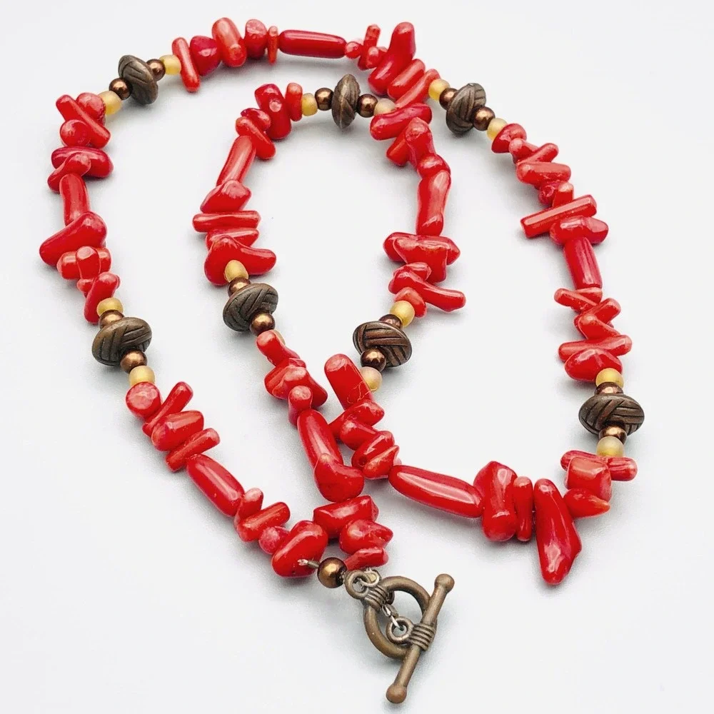 Vintage Red Coral Necklace Glass Metal Bead Accents 20‎ Inch Strand Coastal Boho