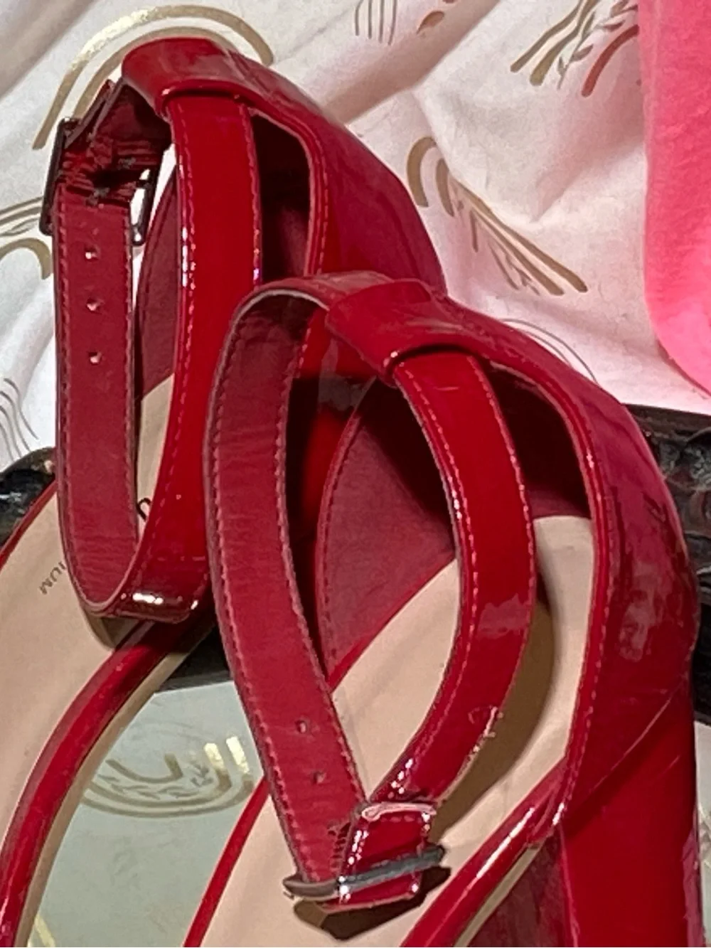 Rouge Helium Red Patent Block Heel Sandals with Ankle Strap