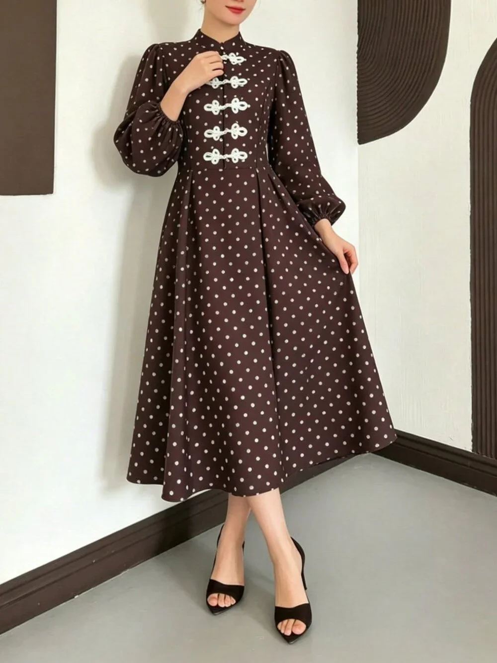 Coffee Elegant Women's Polka Dot Long Dress