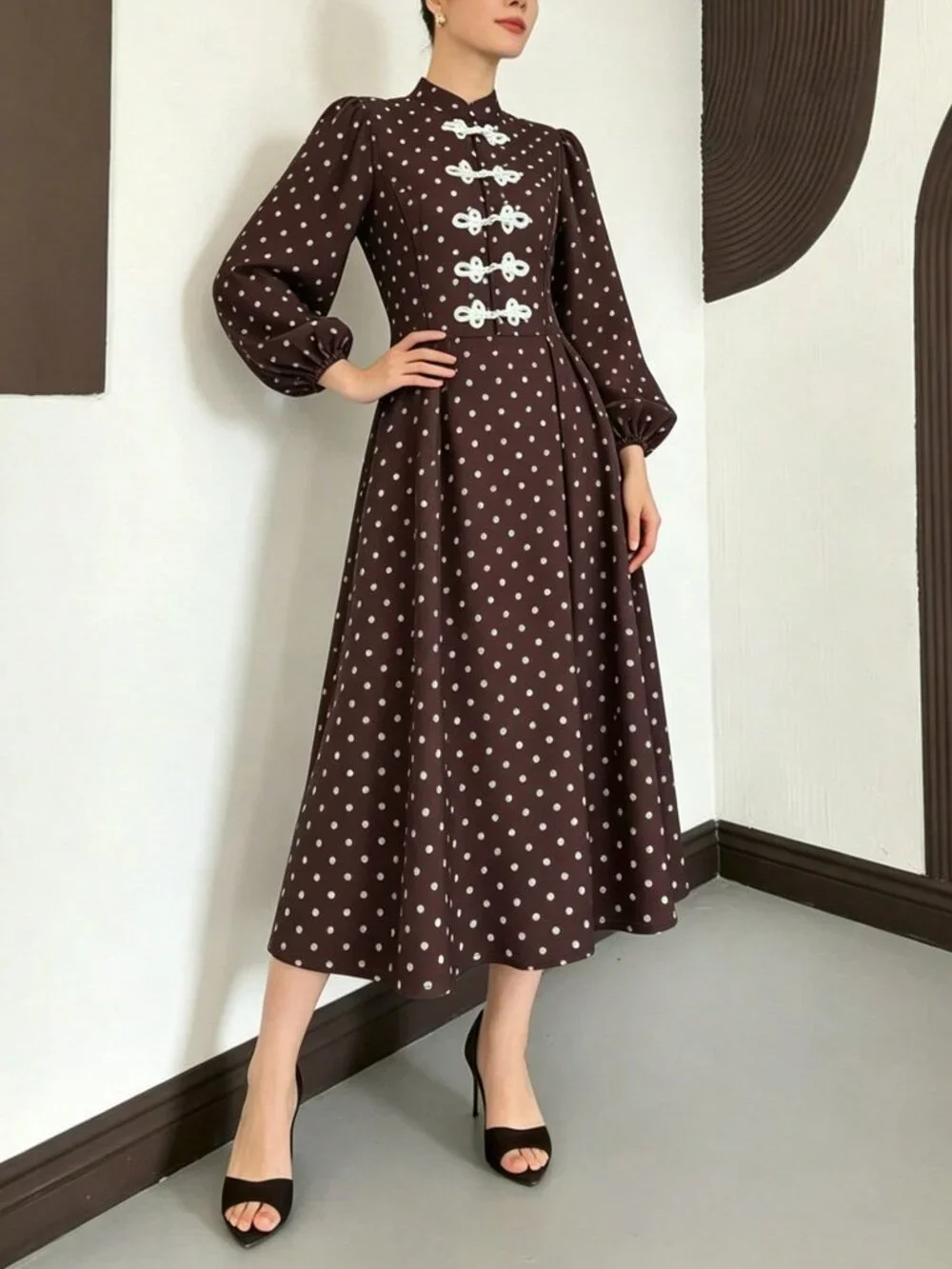 Coffee Elegant Women's Polka Dot Long Dress
