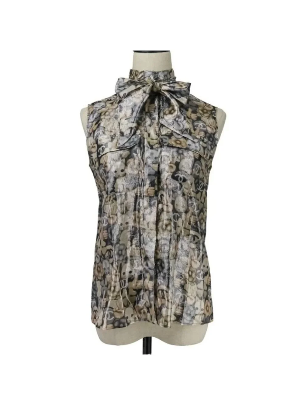 Chanel Choupette Coco Mark Print Sleeveless Silk Blouse with Ribbon Tie