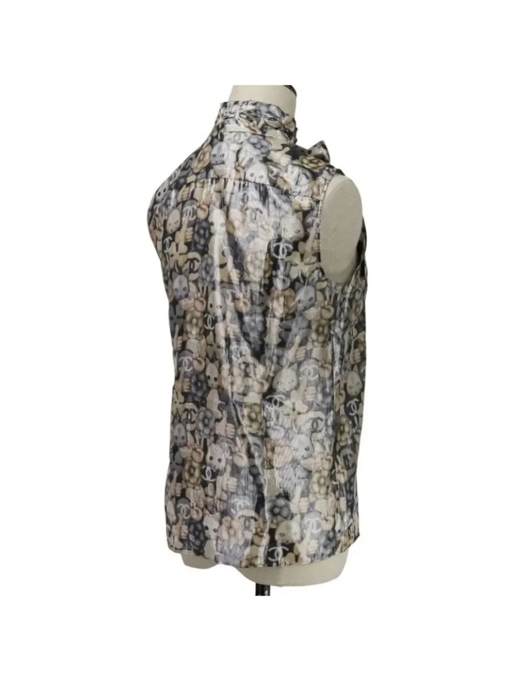 Chanel Choupette Coco Mark Print Sleeveless Silk Blouse with Ribbon Tie