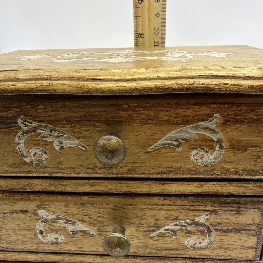 Vintage Italian Florentine Gold 3 Red Velvet Drawer Musical  Jewelry Box