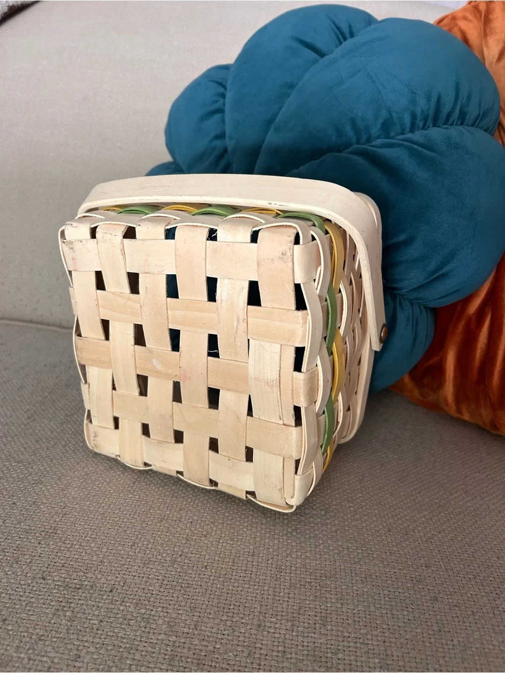 Small Woven Wood Storage Wicker Basket w/ Handle Green Yellow Spring Easter