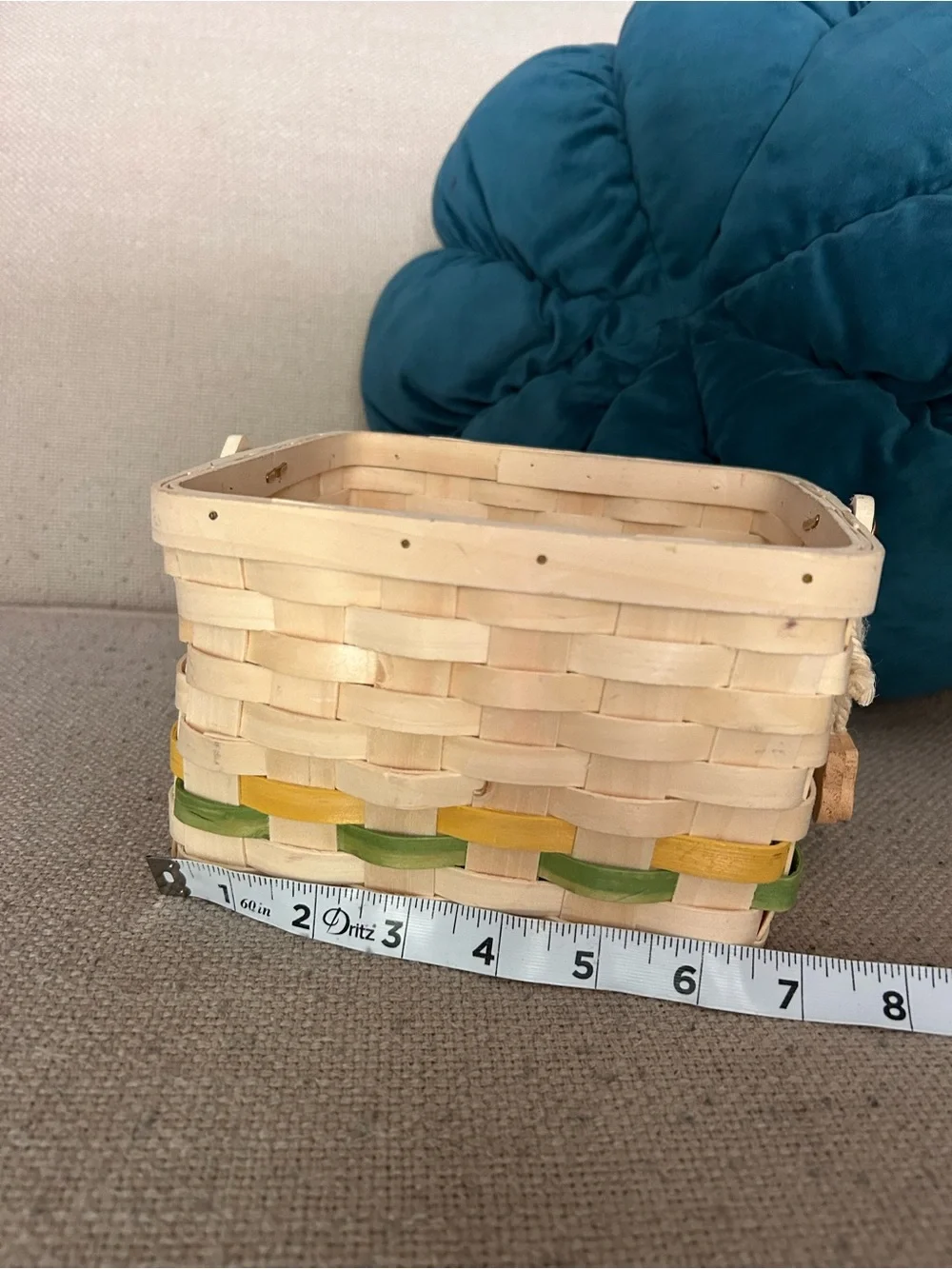 Small Woven Wood Storage Wicker Basket w/ Handle Green Yellow Spring Easter