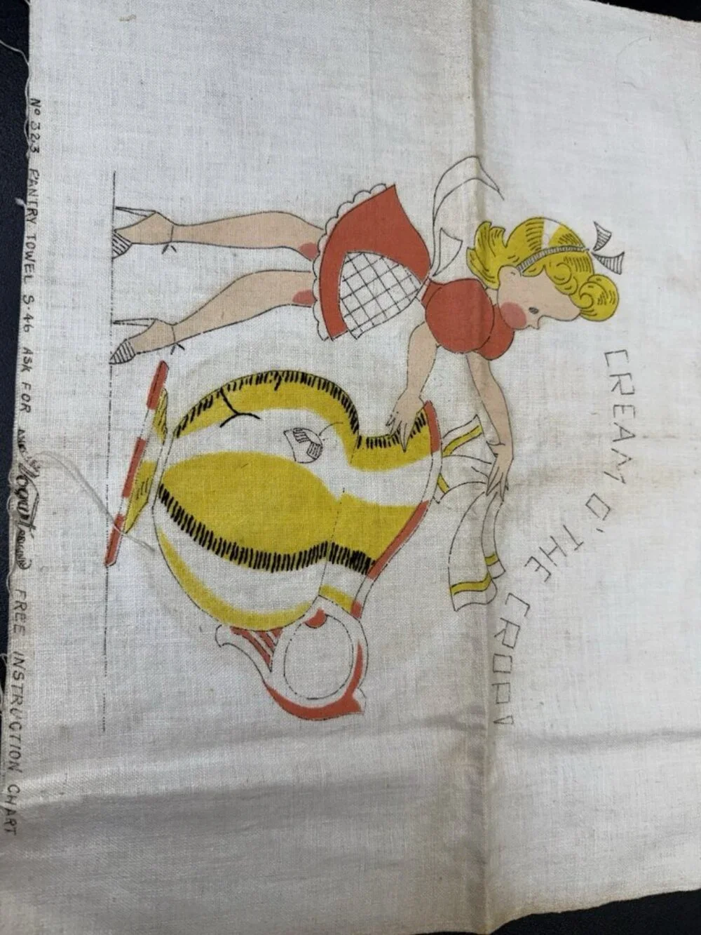 Vintage Vogart Pantry Towel Printed Embroidery Girl Cream O’ The Crop 1950s