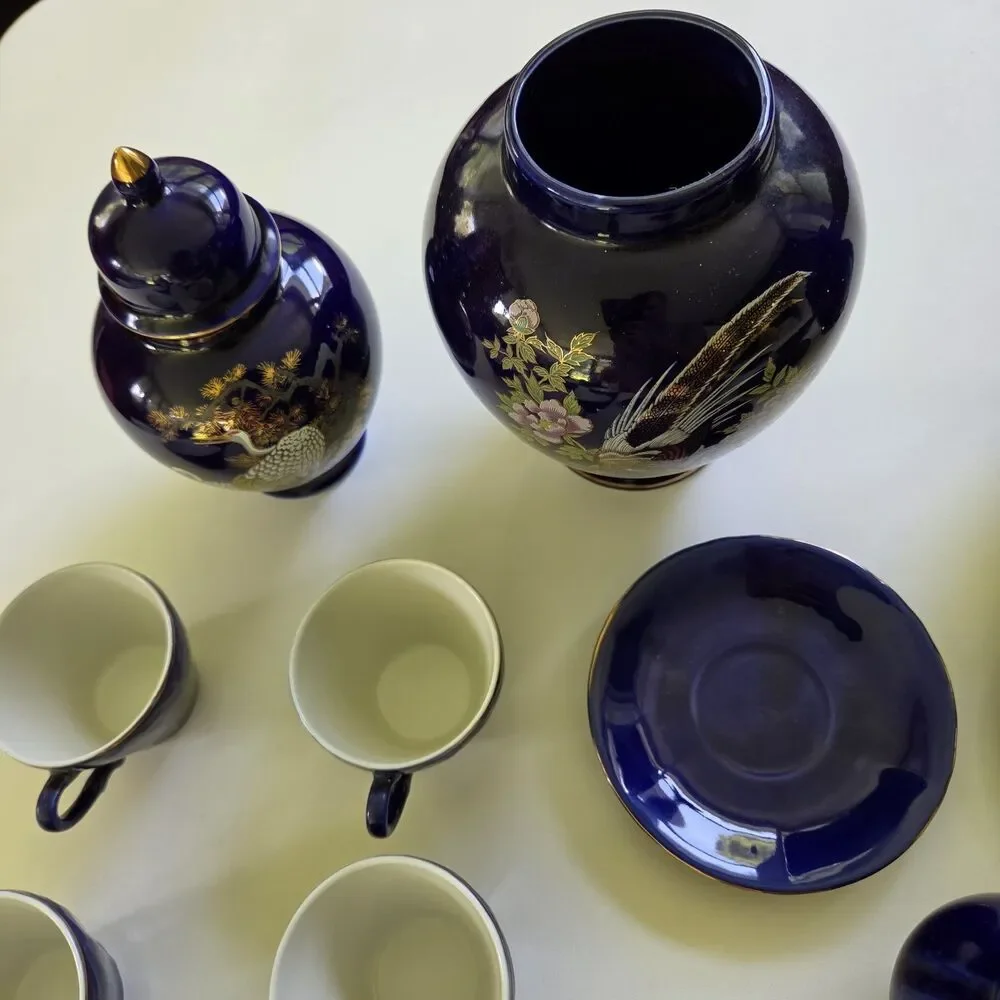 Vintage Hand Spray KT in Glaze Cobalt Blue Japanese 17 Pc. Tea Set 1960’s
