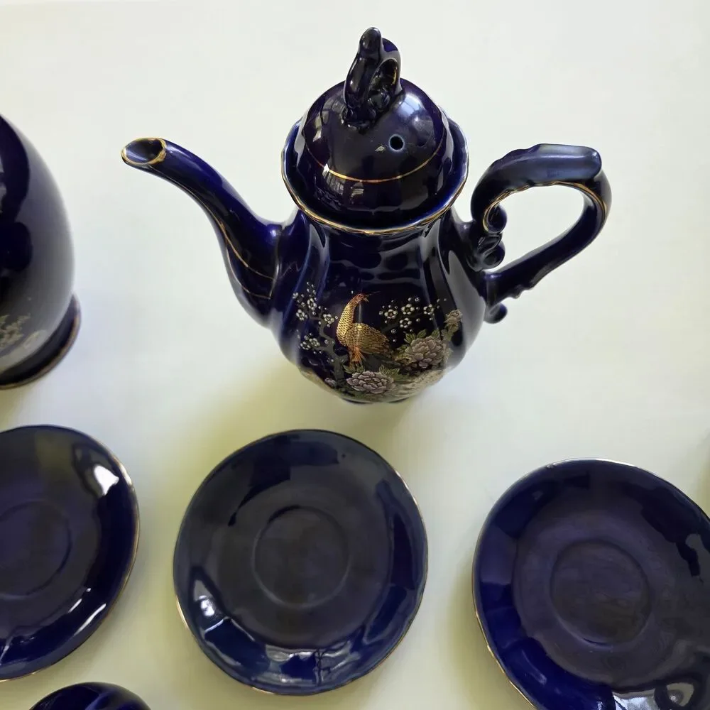 Vintage Hand Spray KT in Glaze Cobalt Blue Japanese 17 Pc. Tea Set 1960’s