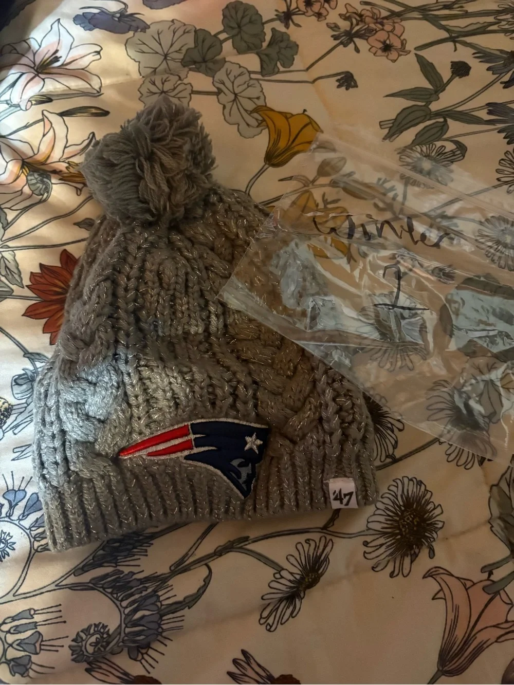 47 Brand Kids Gray Knit Pom Beanie with Patriots Logo