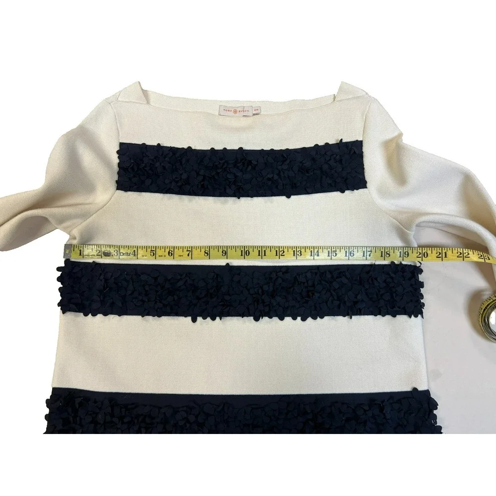 Tory Burch Flutter Flower Striped Top Bateau Neck Ivory Blue Long Sleeves SZ‎ M