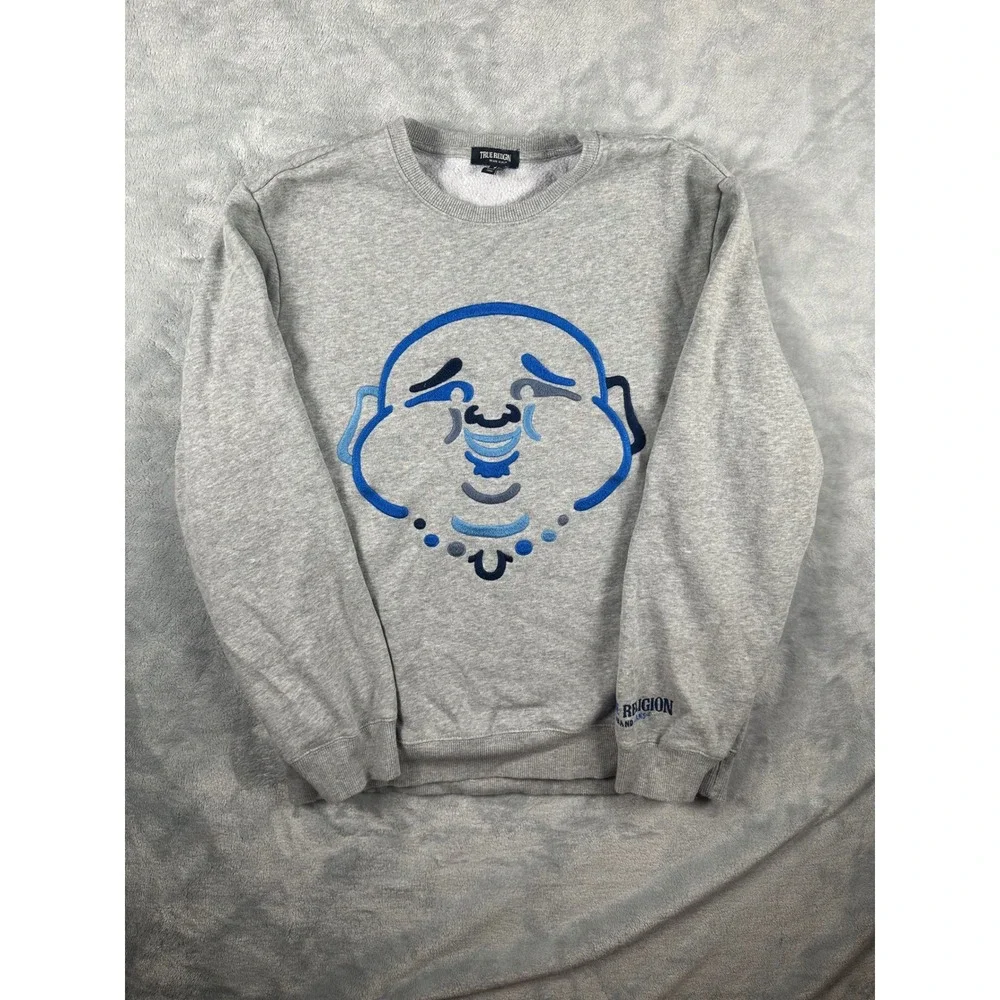 True Religion Mens Gray Buddha Embroidered Crewneck Sweatshirt Size Medium
