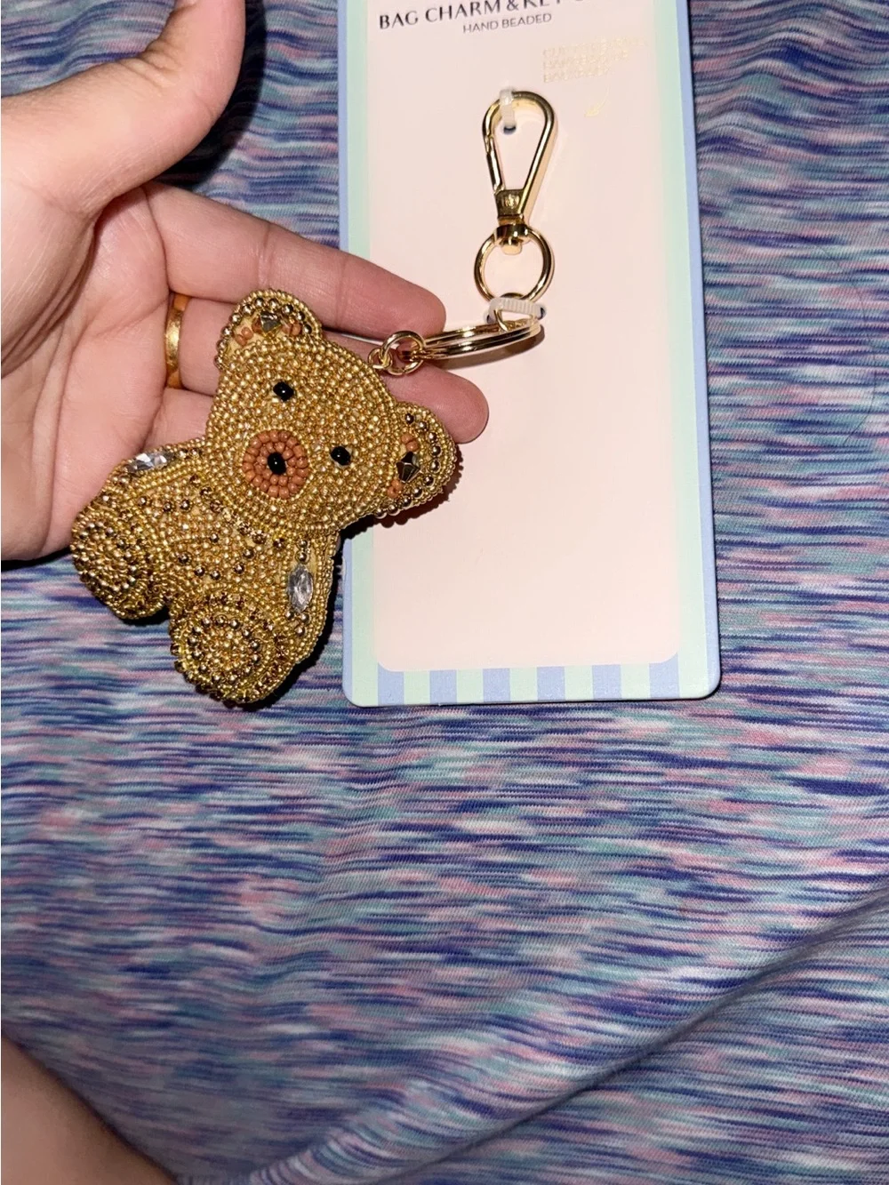 Handbeaded Beaded Teddy Bear Keychain Bag Charm - Gold