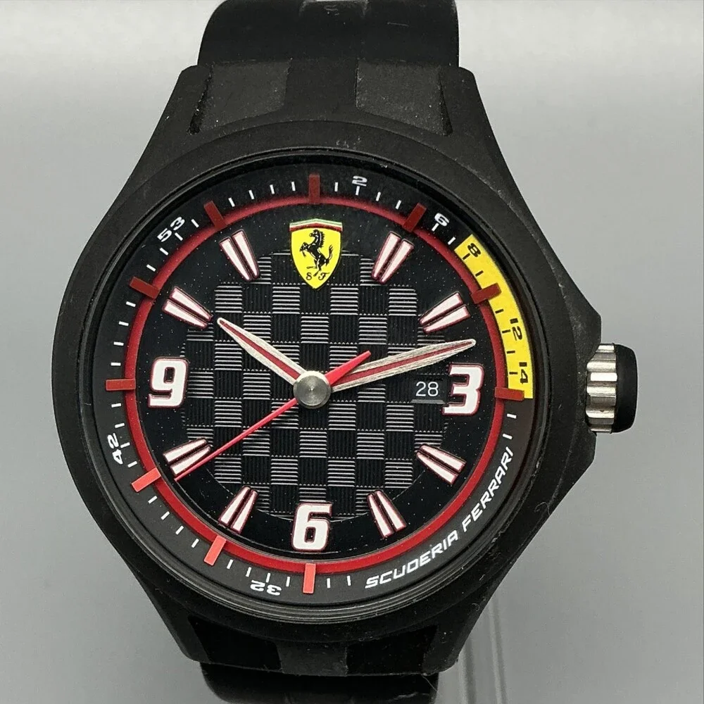 Scuderia Ferrari Mens Watch 42mm Black Dial Rubber Strap Date Logo New Battery