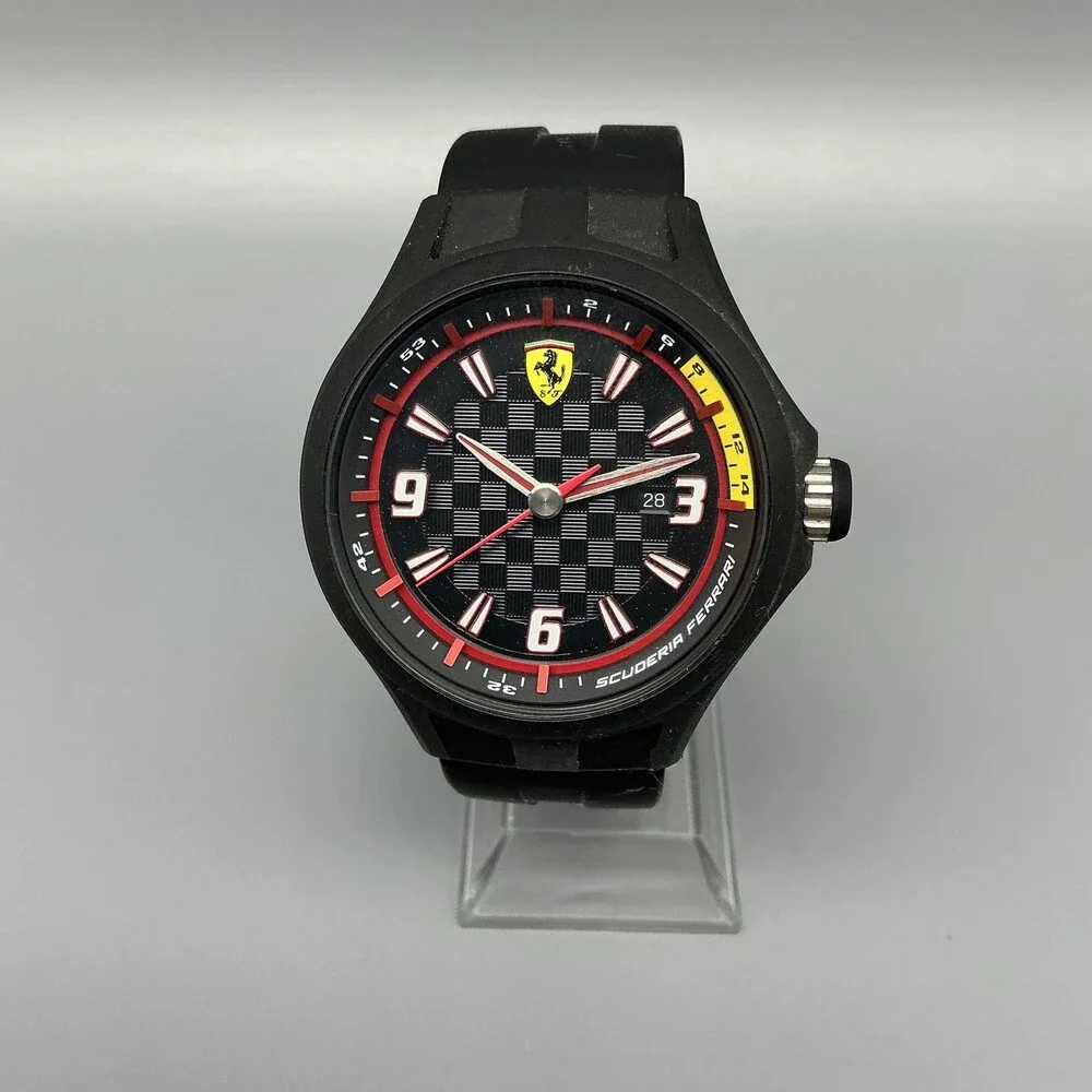 Scuderia Ferrari Mens Watch 42mm Black Dial Rubber Strap Date Logo New Battery