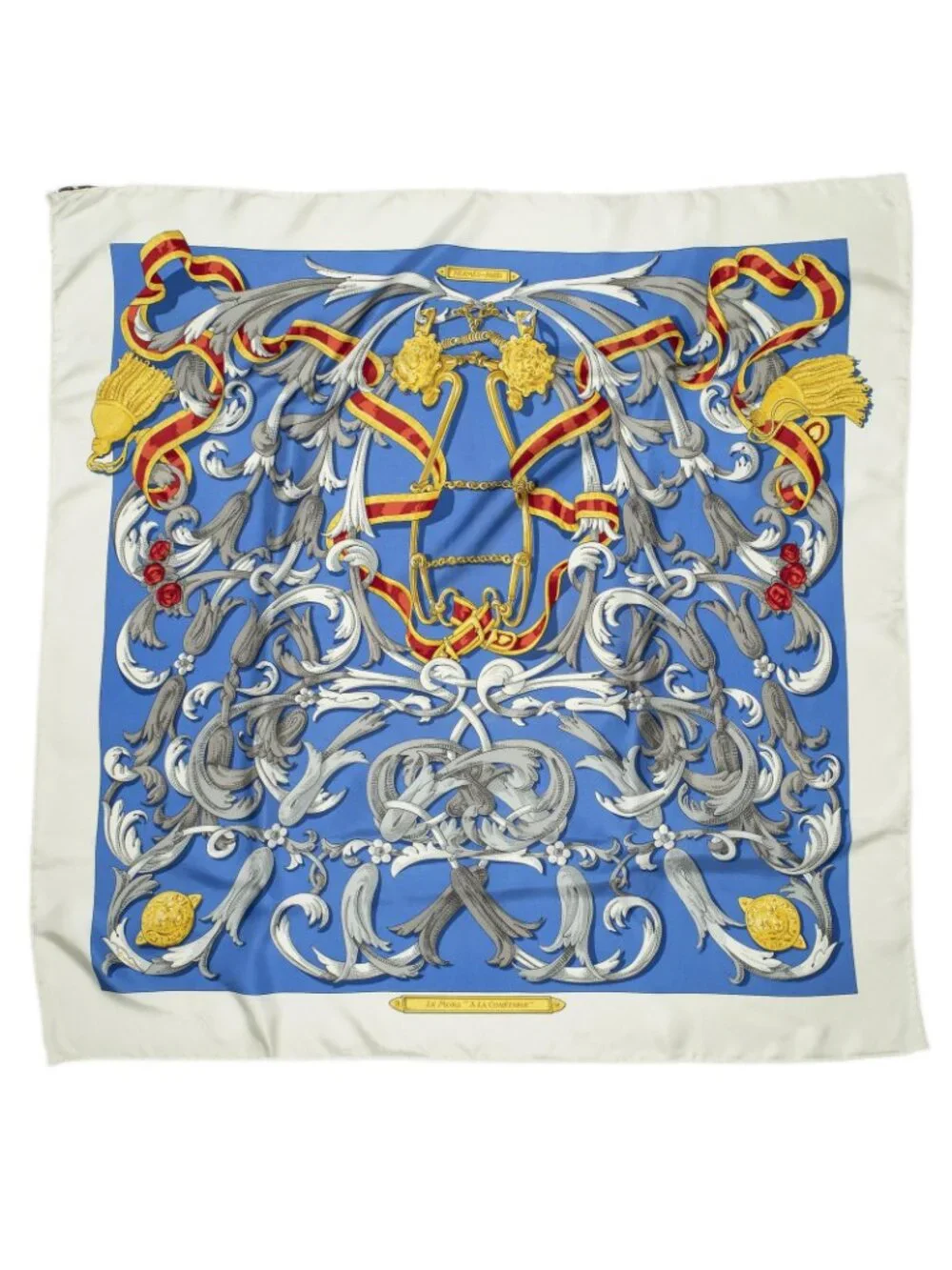 Hermes Scarf Blue Ivory Gold Silk