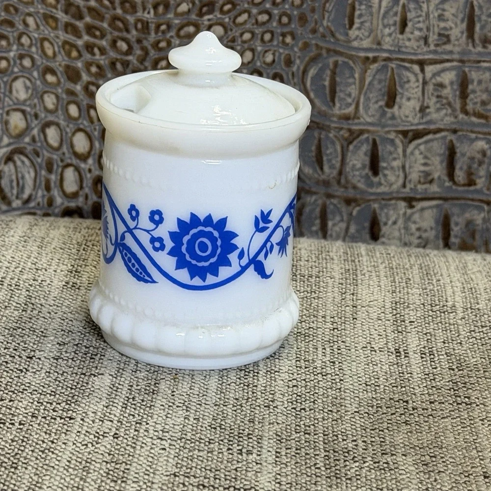 Hazel‎ Atlas White Milk Glass Blue Sweet Pea Mustard Spice ApothecaryJars W/Lid