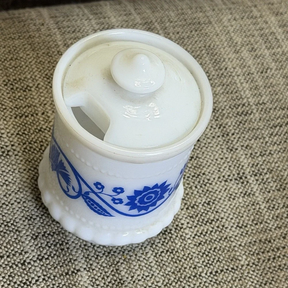 Hazel‎ Atlas White Milk Glass Blue Sweet Pea Mustard Spice ApothecaryJars W/Lid
