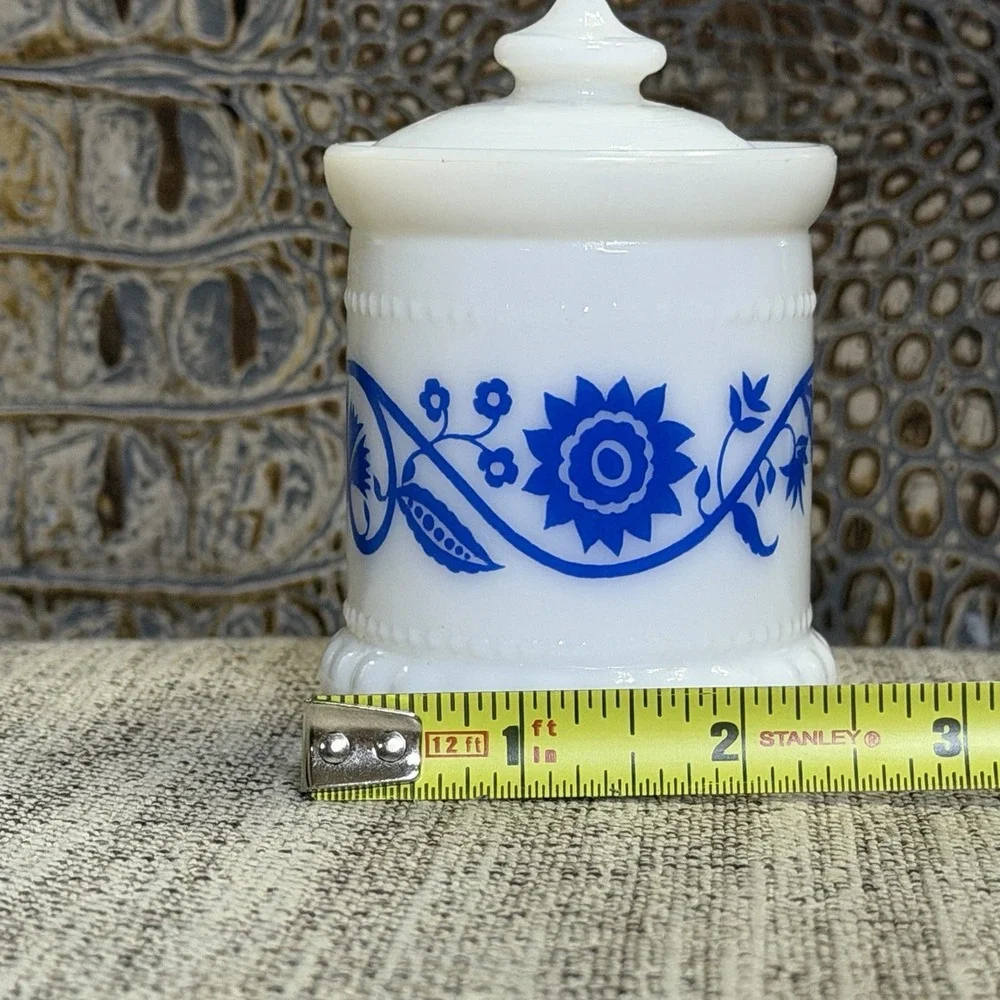 Hazel‎ Atlas White Milk Glass Blue Sweet Pea Mustard Spice ApothecaryJars W/Lid