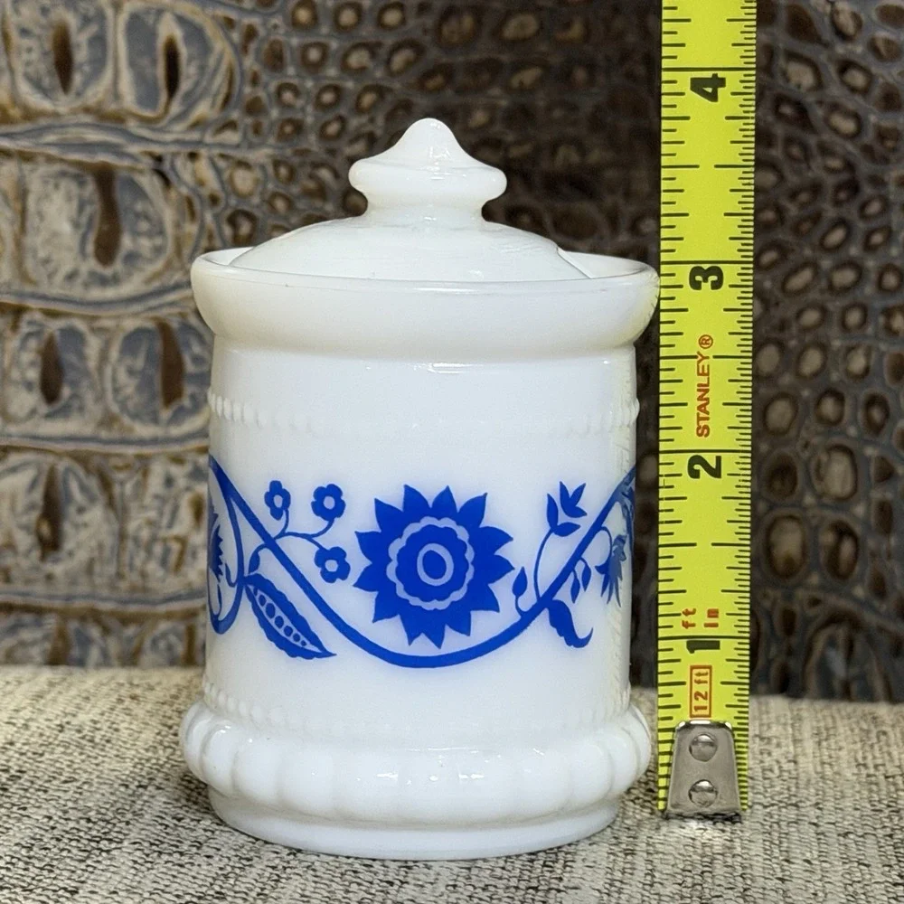 Hazel‎ Atlas White Milk Glass Blue Sweet Pea Mustard Spice ApothecaryJars W/Lid