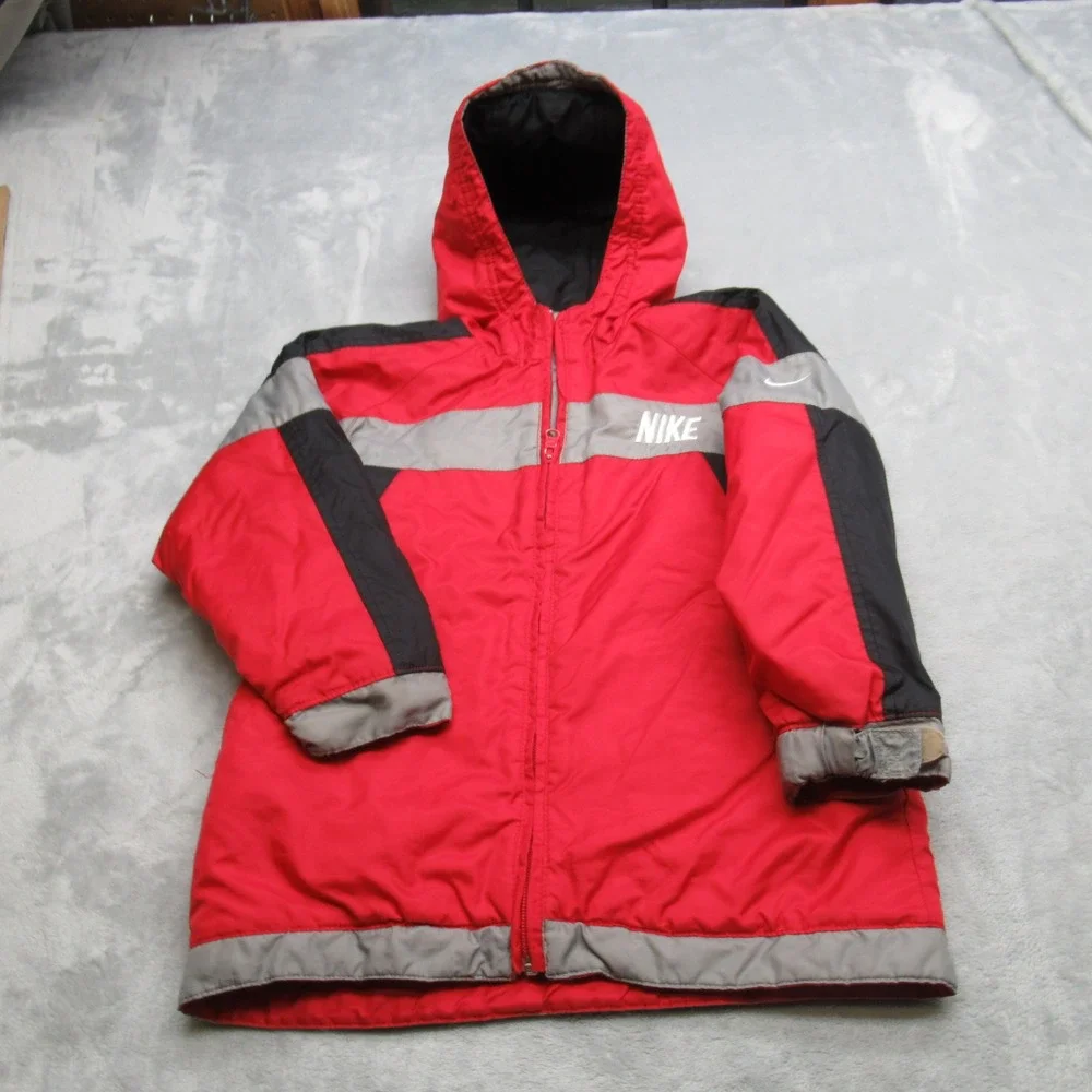 Vintage Nike Jacket Youth 6 Full Zip Red Black Reversible Hooded Full Zip Puffer