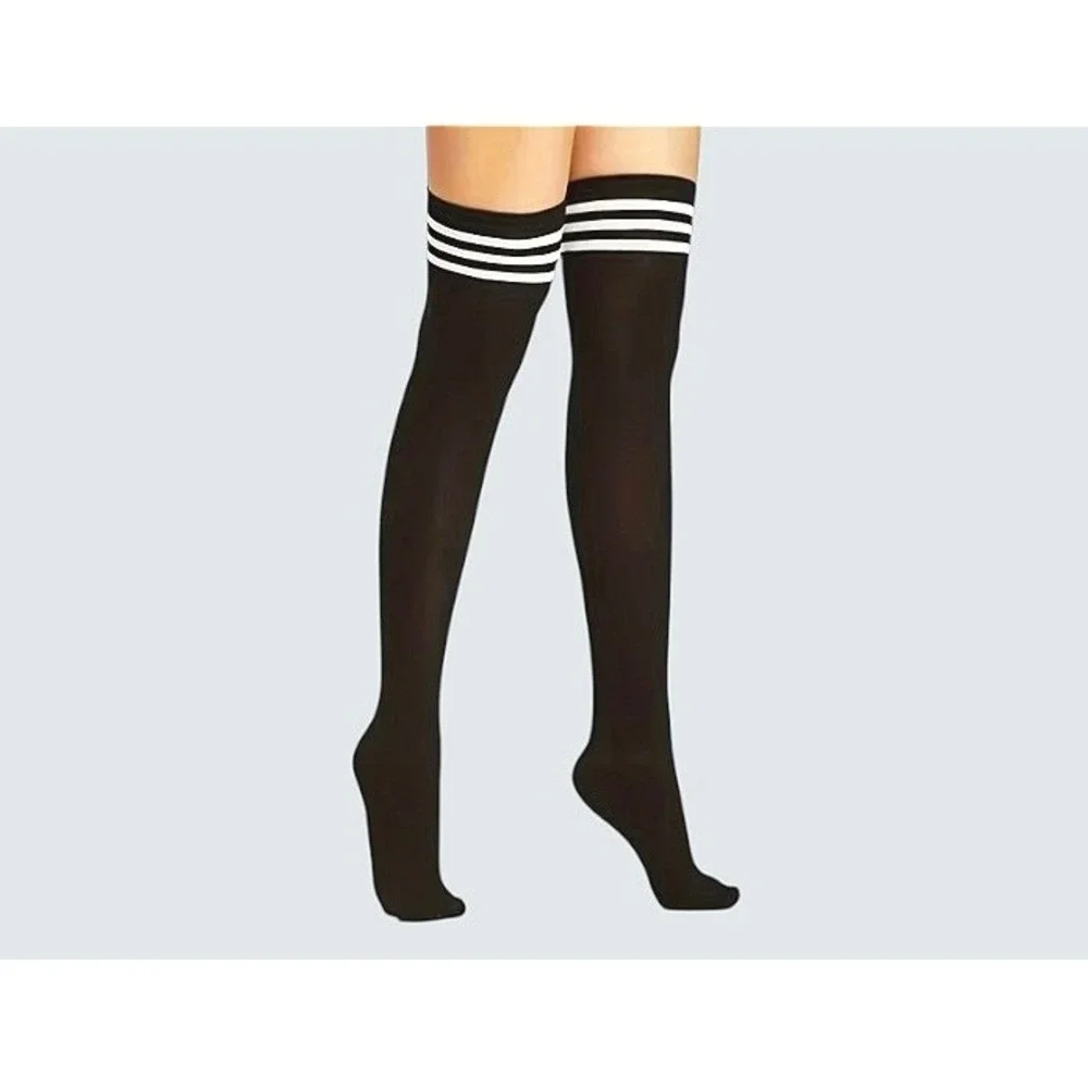 Black with 3 White Stripes Over the Knee Tube Socks ONE SIZE School Girl NEW