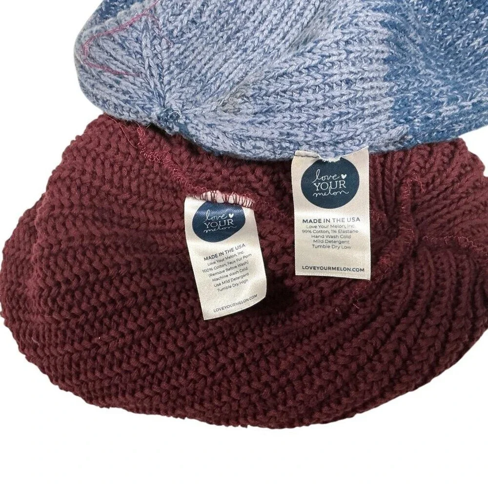 Love Your Melon Beanie Hats Women Blue Red Cotton Stretch Shaker Knit USA Made