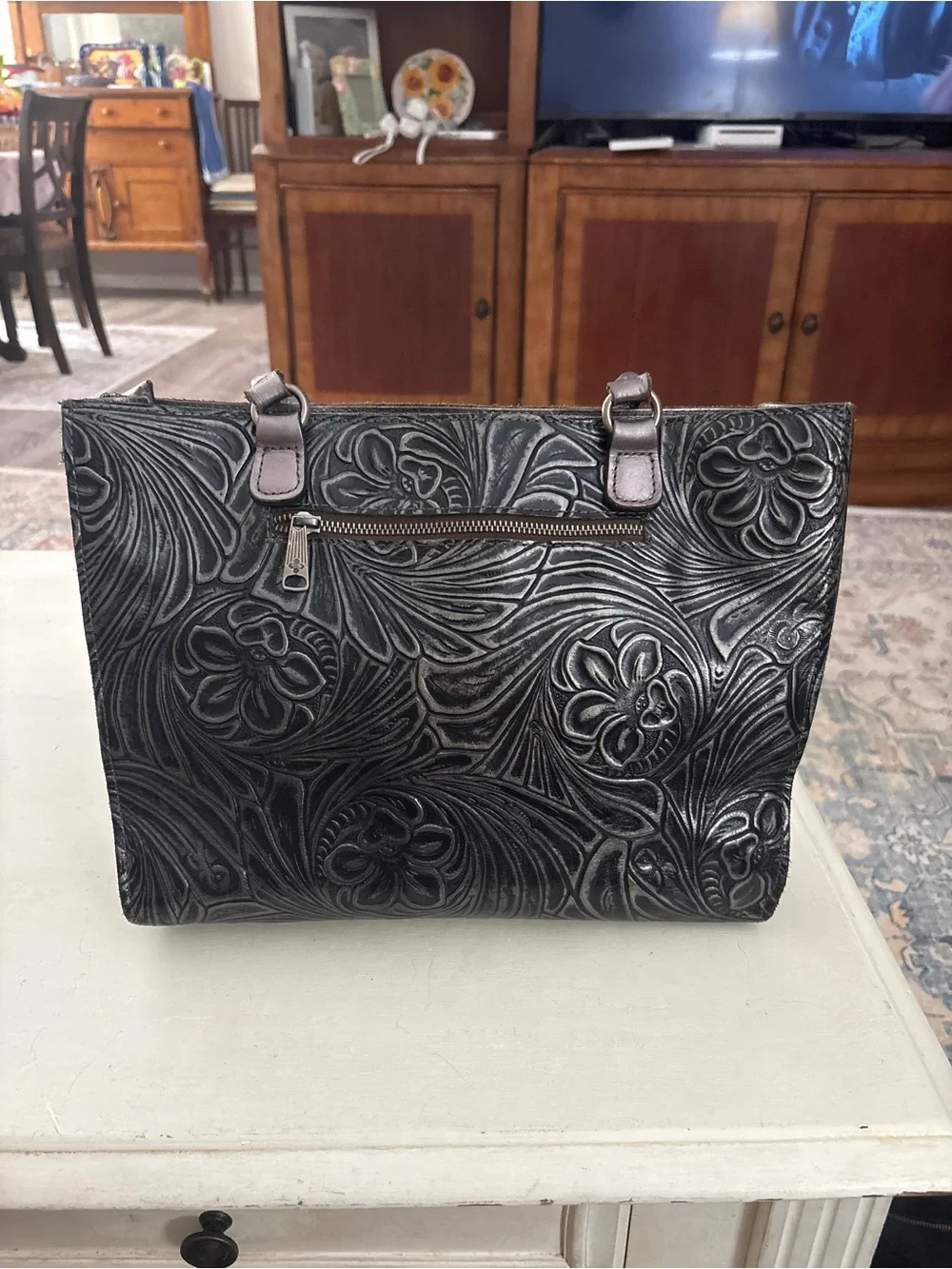 Patricia Nash Embossed Floral Leather Black Tote Bag 13” x 9.5” x 2”