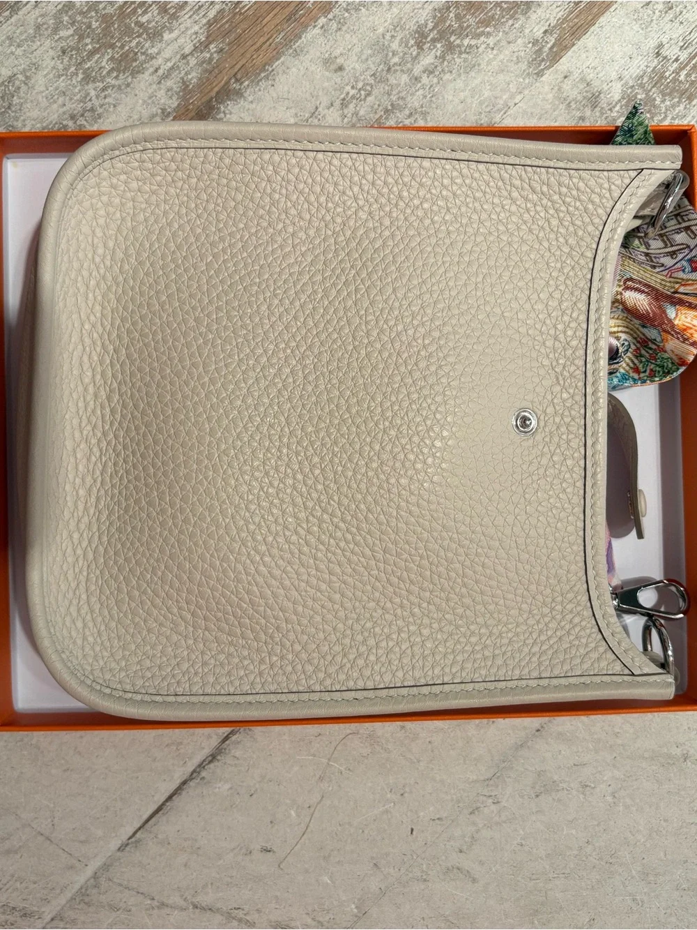 Hermes Cream Pebbled Leather Crossbody with Pink Scarf Accent