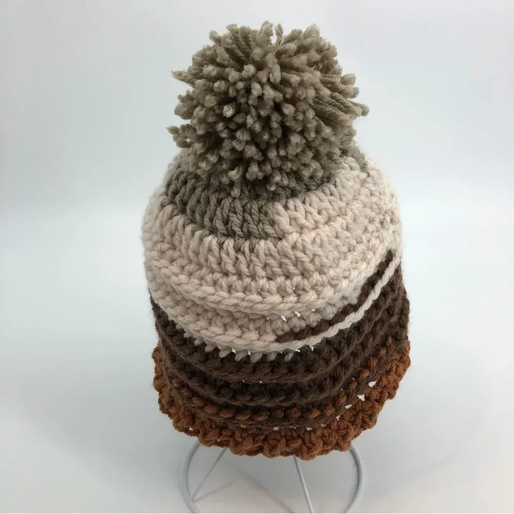 Hand Knit‎ Pom Pom Beanie Winter Hat Brown