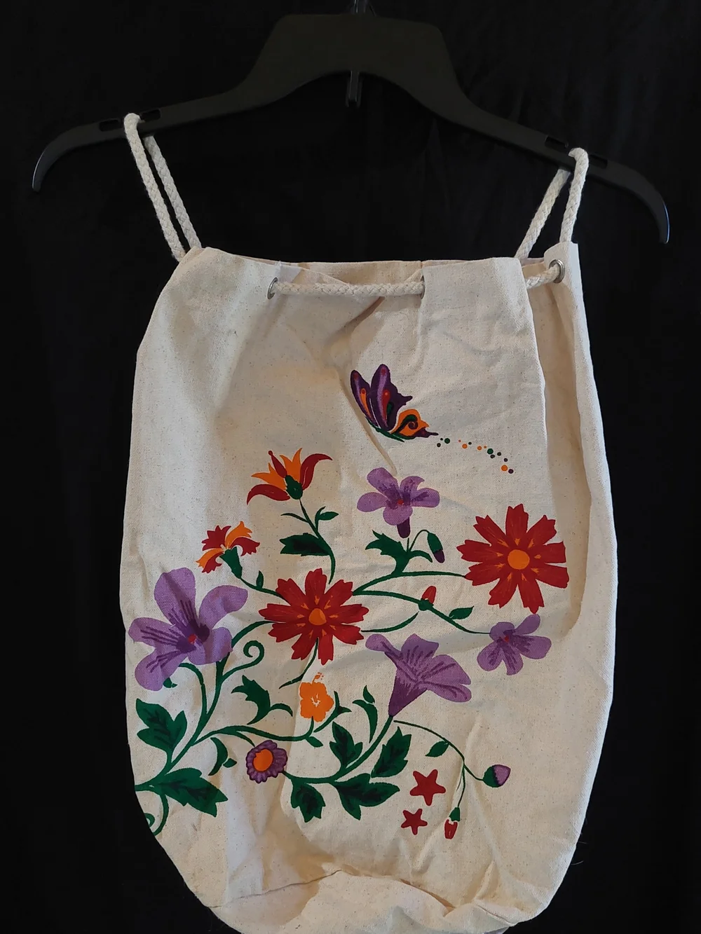 Floral Cotton Drawstring Bag - Natural