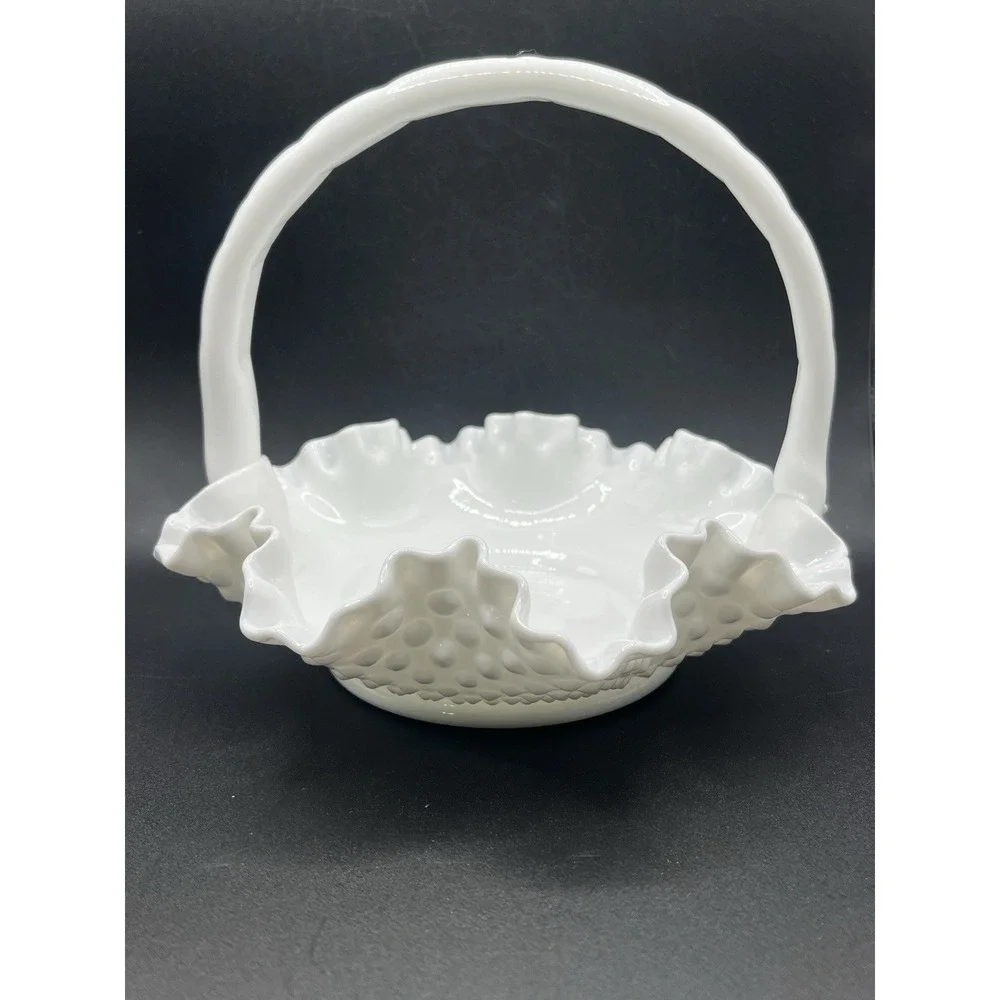 Fenton‎ White Hobnail Glass Basket w/ Handle - 7