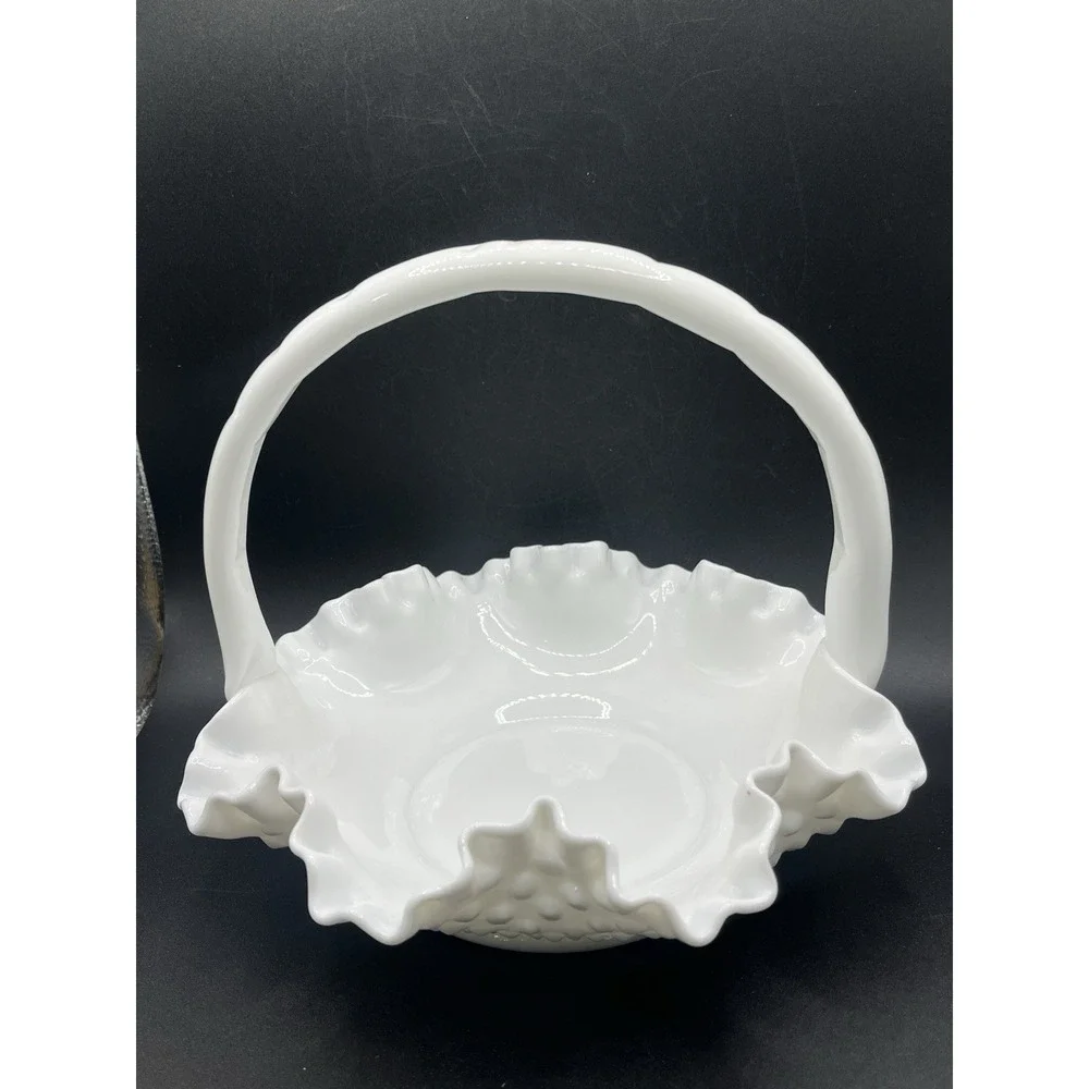 Fenton‎ White Hobnail Glass Basket w/ Handle - 7