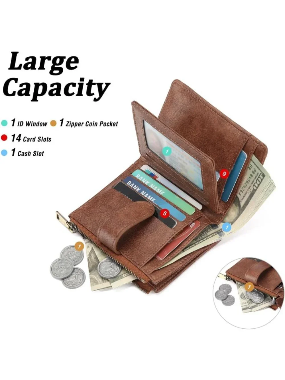 Vegan Leather Small Wallet for Women | RFID Blocking Bifold with Zipper Pocket