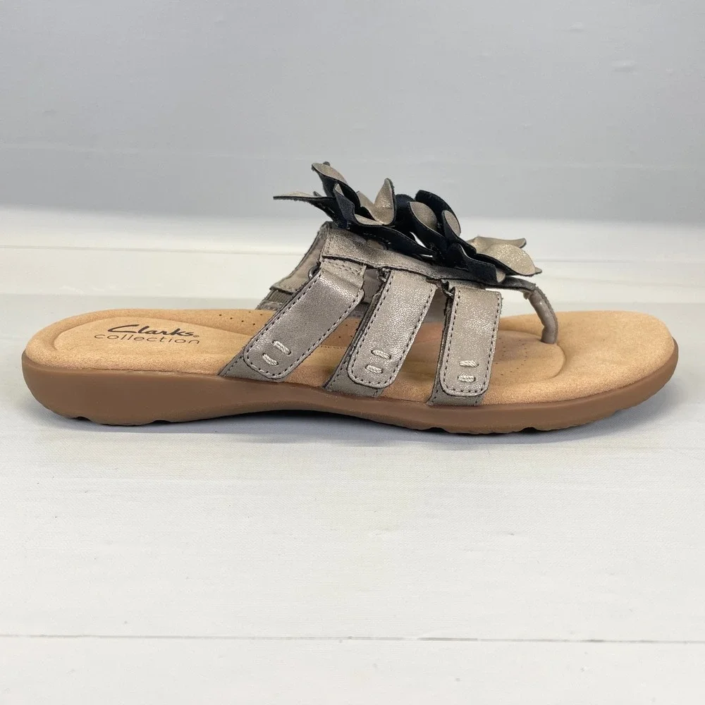 Clarks Elizabelle Mae Sandals Womens Size 9 M Pewter Metallic Shoes Thong Slides