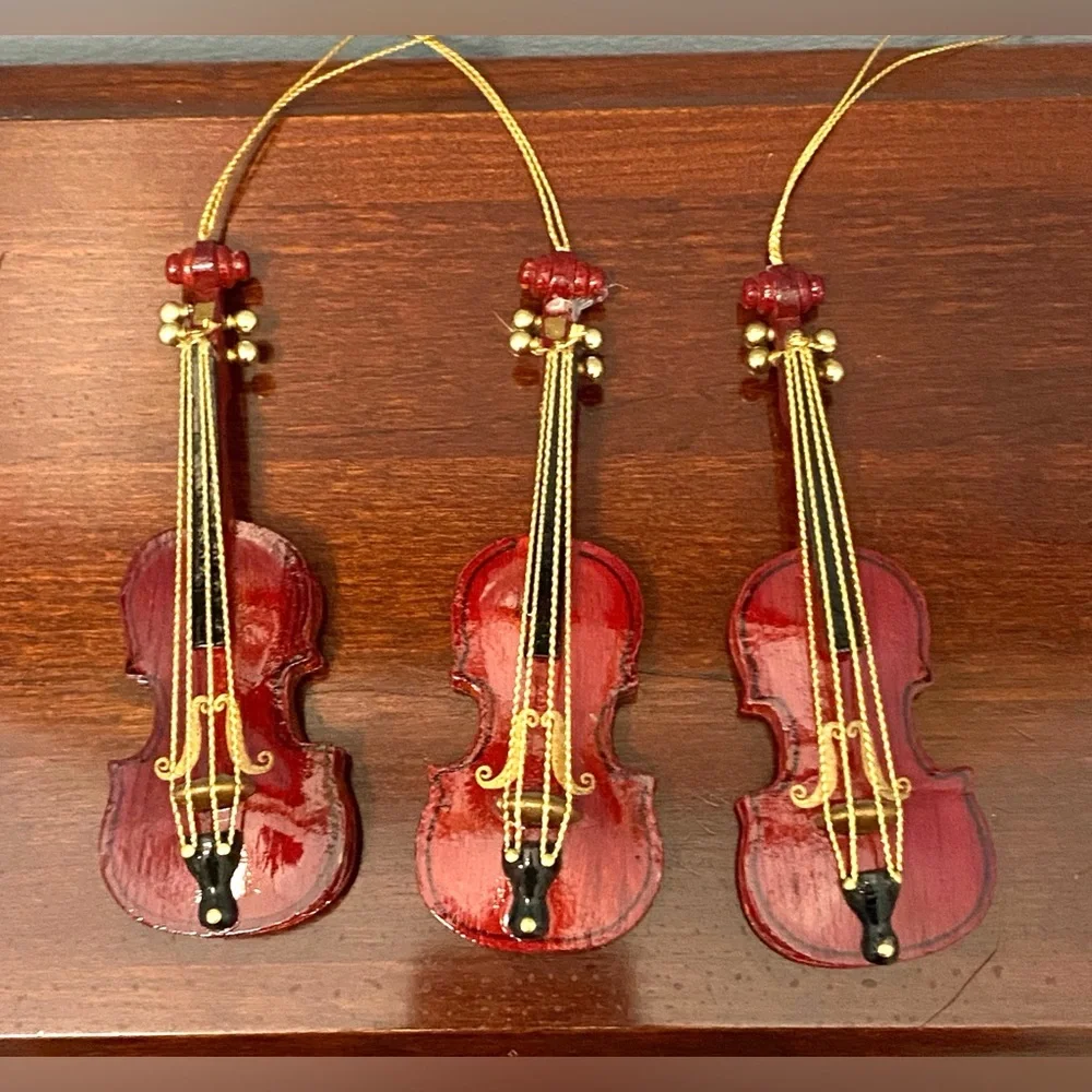 Midwest Vintage Wood Violin Set of 3 Holiday Christmas Ornaments
