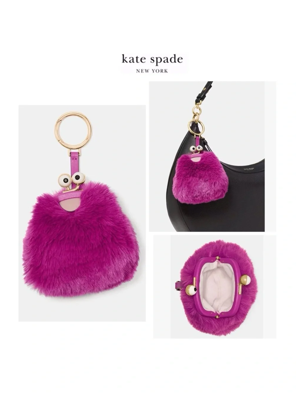 NWT Kate Spade ♠️MONSTERS FIZZY Soft Faux Fur & Leather Trim Coin Purse/ Keychai