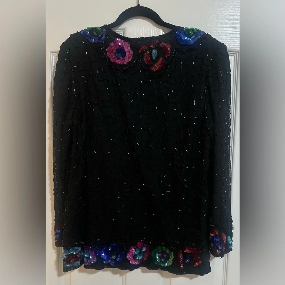VINTAGE Women’s AMERICAN NIGHT SILK SEQUIN BEADED Floral BLAZER‎ JACKET Large.