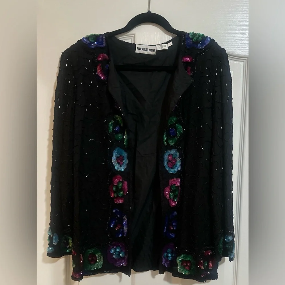 VINTAGE Women’s AMERICAN NIGHT SILK SEQUIN BEADED Floral BLAZER‎ JACKET Large.