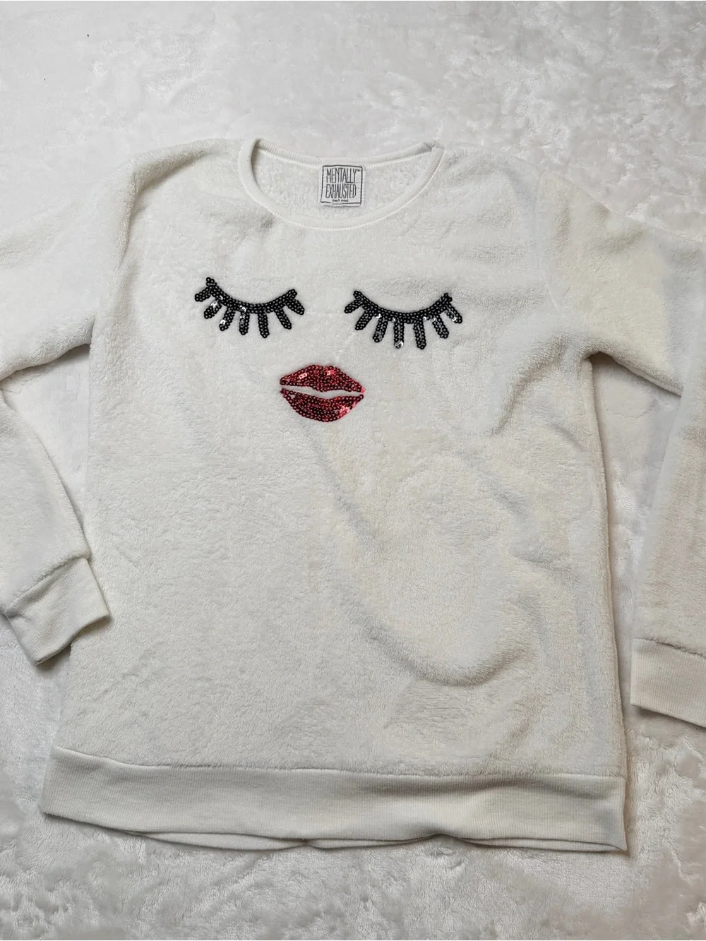 Mentally Exhausted White Sequin Face sweat shirt, Black Lashes &‎ Red Lips, Fun