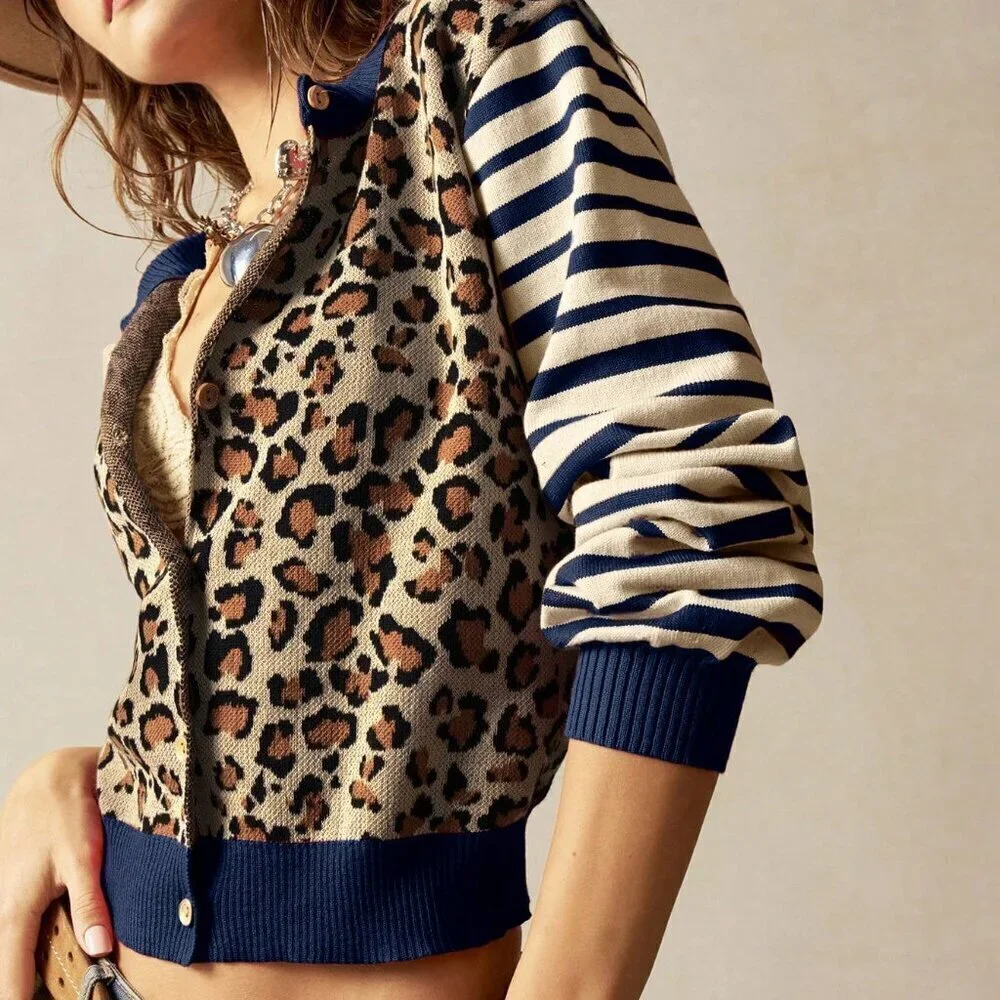 Casual Women's Leopard & Striped Pattern Front Button Long Sleeve cardigan