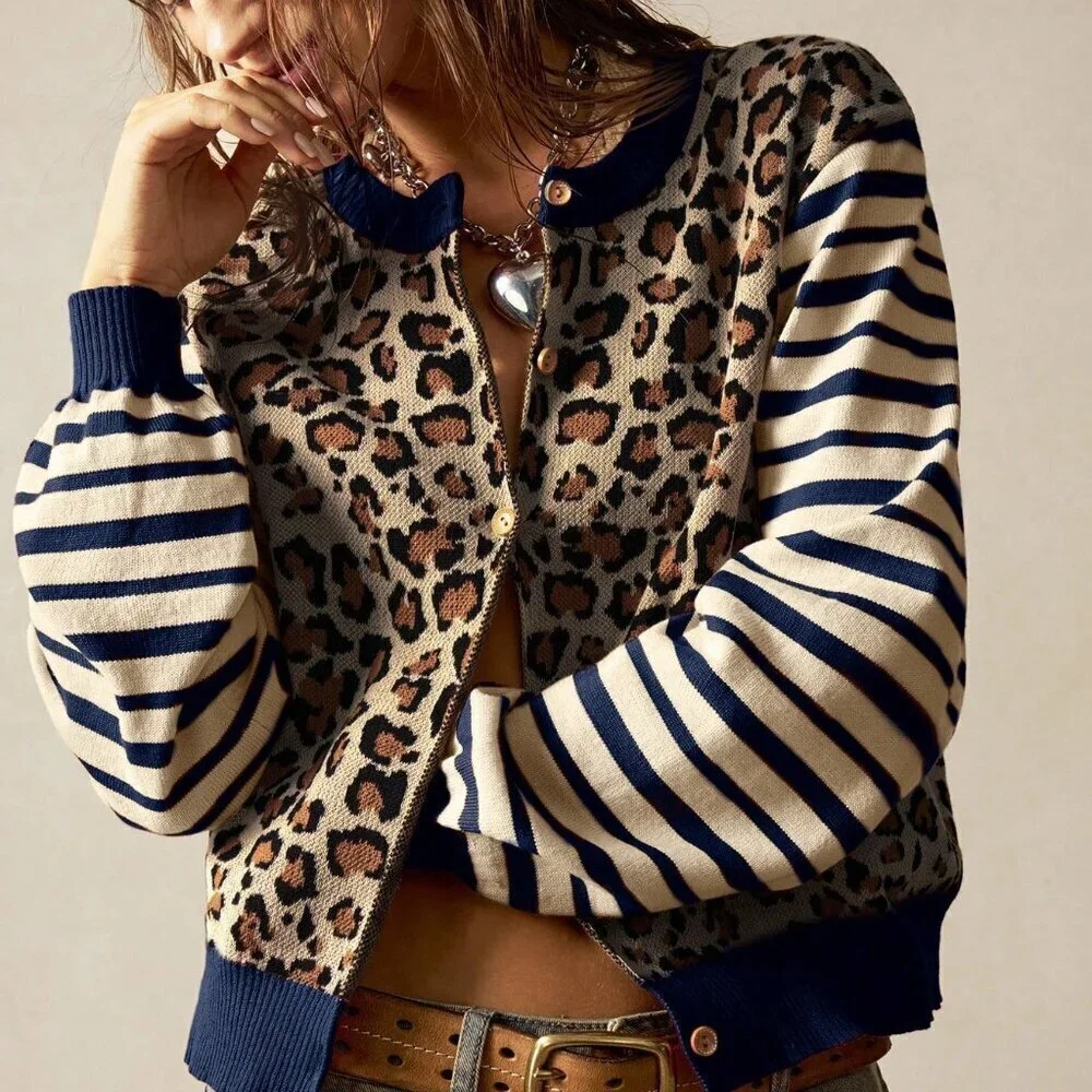 Casual Women's Leopard & Striped Pattern Front Button Long Sleeve cardigan