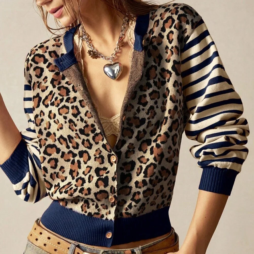 Casual Women's Leopard & Striped Pattern Front Button Long Sleeve cardigan