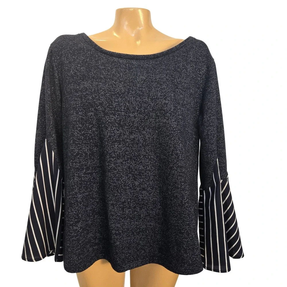 Hannah Womens Navy & White Striped Bell Sleeve Boat Neck Blouse Top Size Medium‎