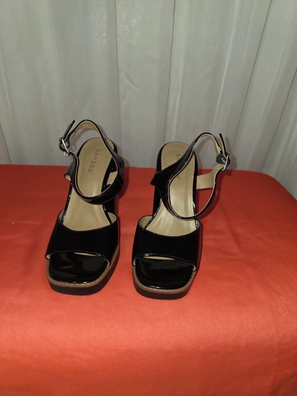 Bamboo Black Patent Platform Block-Heel Sandals