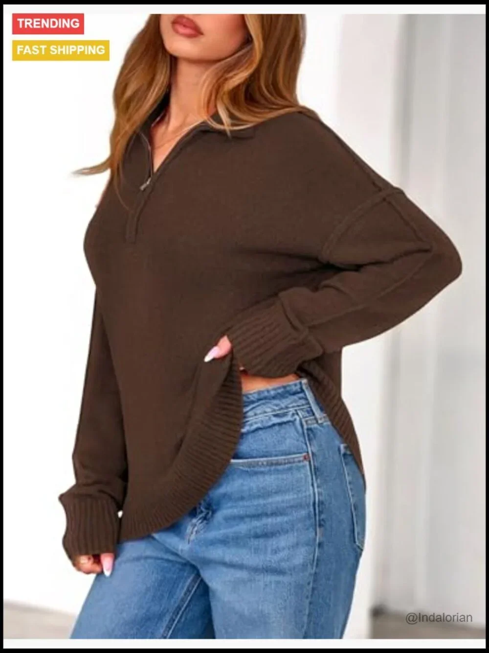 Quarter Zip Pullover Sweater V Neck Collared Knit Jumper Tops Long Sleeve Women