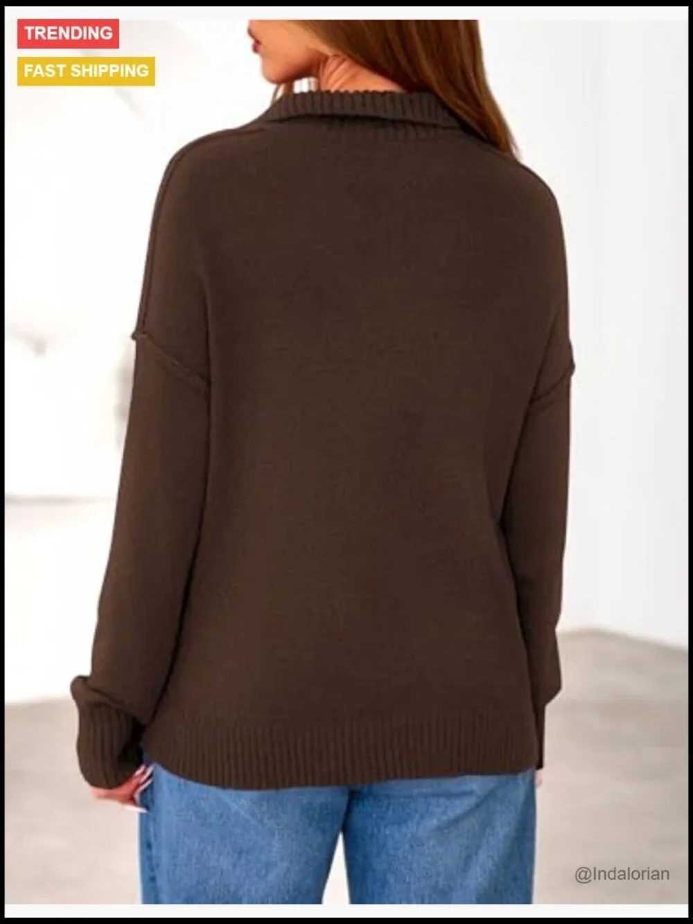 Quarter Zip Pullover Sweater V Neck Collared Knit Jumper Tops Long Sleeve Women