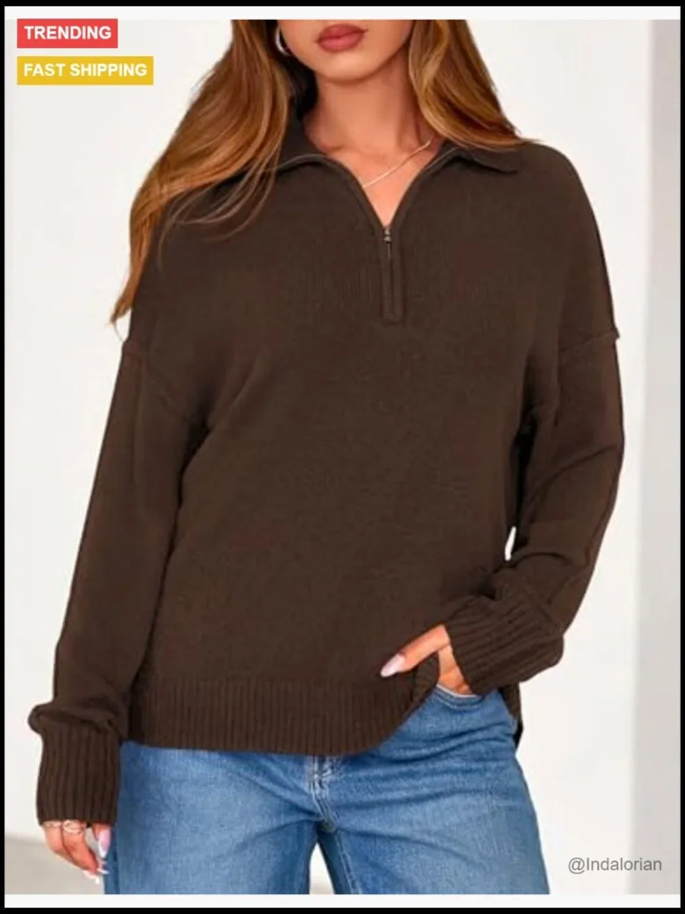 Quarter Zip Pullover Sweater V Neck Collared Knit Jumper Tops Long Sleeve Women